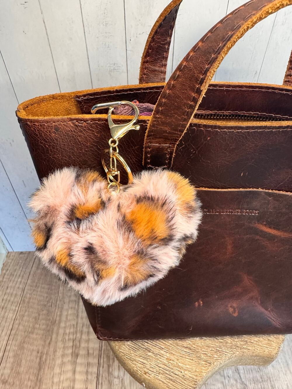 Light Pink Cheetah Print Fuzzy Heart Animal Print Bag Charm Purse Charm
